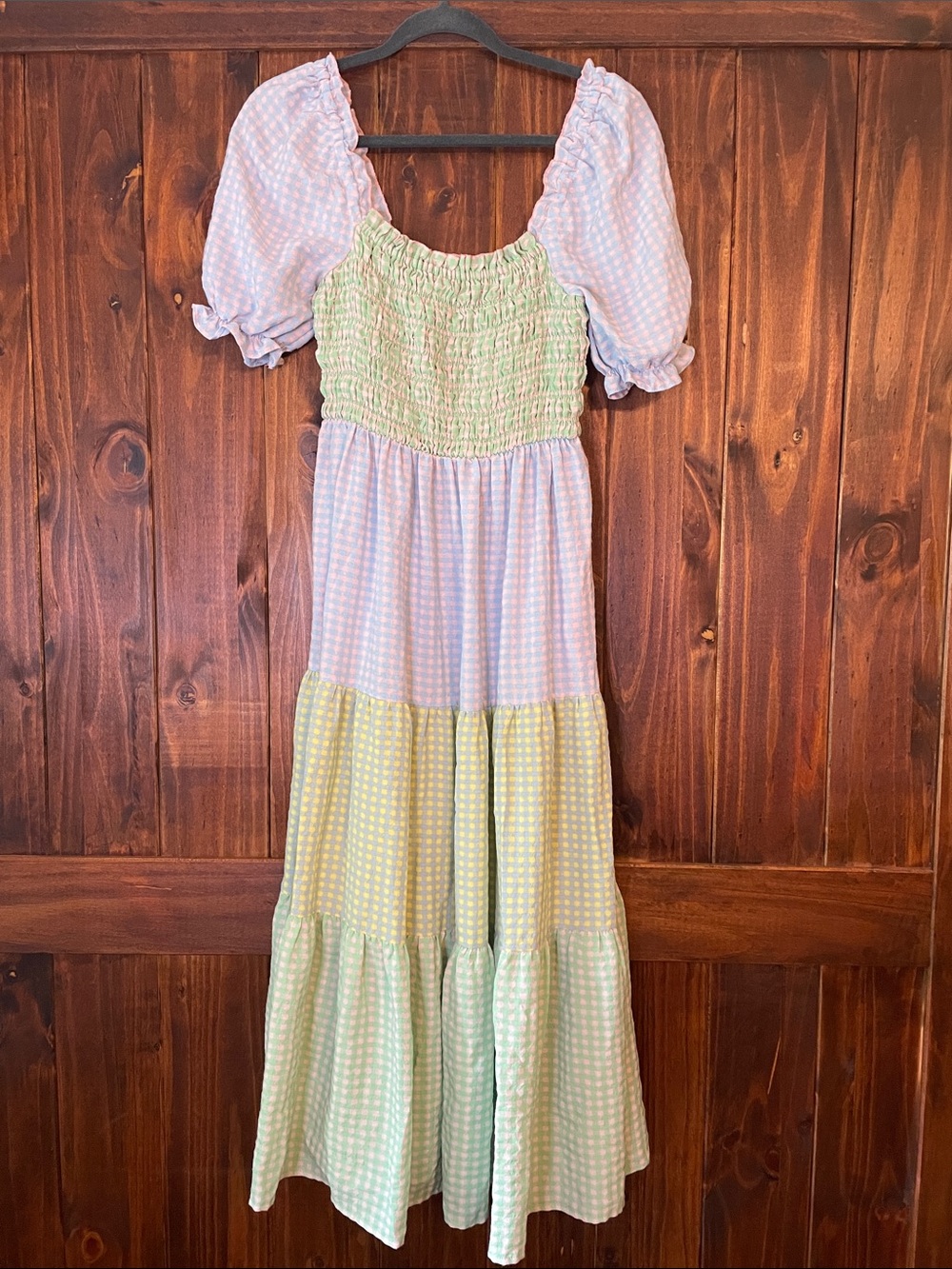 Greylin Pastel Gingham Colorblock Tiered Dress in Pink, Purple, Yellow, & Green